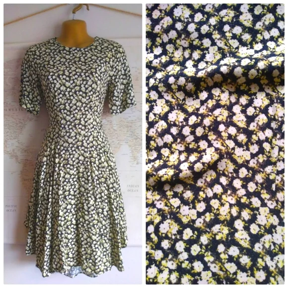 90s Style Grunge Daisy Print Hi Low Hem Skater Dress with Pockets-Size 6 - Picture 1 of 8